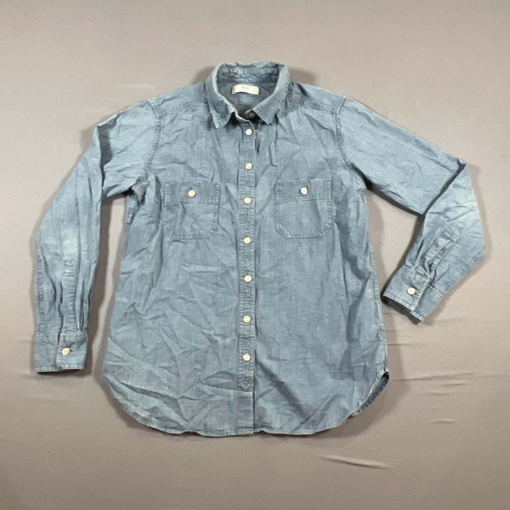 Uniqlo Chambray Work Shirt Kids L Blue Cotton Relaxed Fit Lightweight Button Up